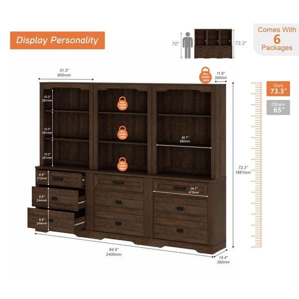 dimension image slide 7 of 9, 3 Tier Bookcase with Drawer,73.3" Tall Floor Standing Bookshelf