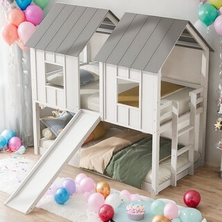 Twin over Twin House Bunk Bed with Slide and Windows,House and Slide Design,Cute Fun Style,Easy Assembly,White