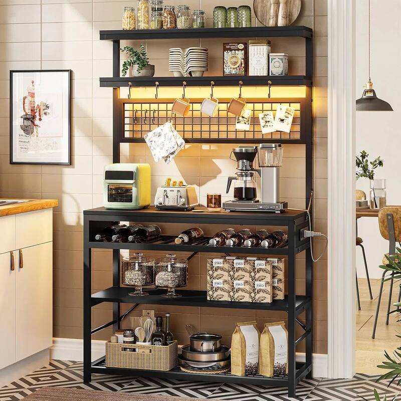 6-Tier LED Lighted Bakers Rack with Power Outlet USB Ports and Microwave Shelf Wine Storage - 65.2'' H x 35.4'' W x 15.7'' D