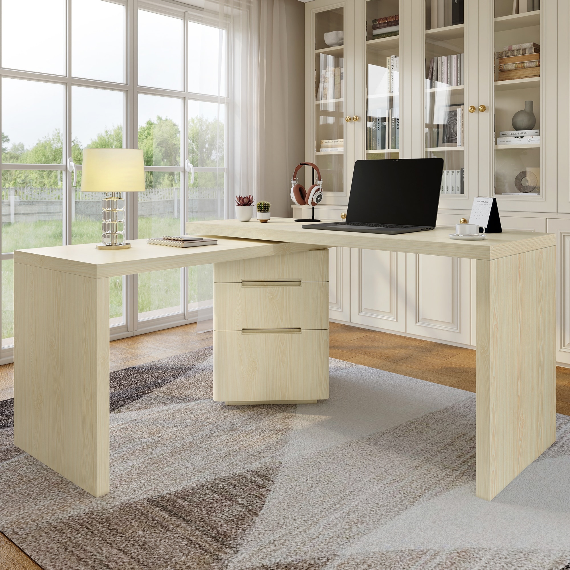 90" Modern L-Shaped Executive Desk with 3 Drawers & 360° Rotating Top - Office Corner Workstation for Home or Living Room