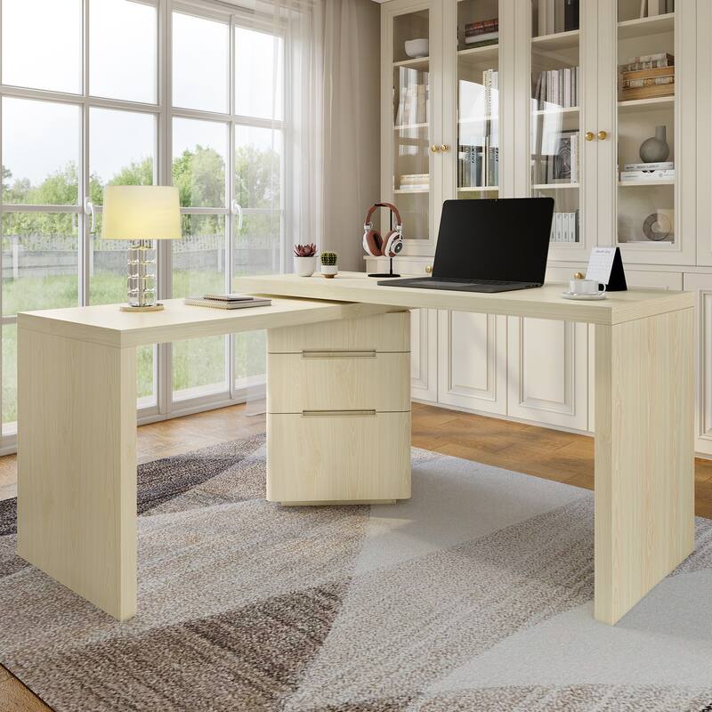 90" Modern L-Shaped Executive Desk with 3 Drawers & 360° Rotating Top - Office Corner Workstation for Home or Living Room - Oak