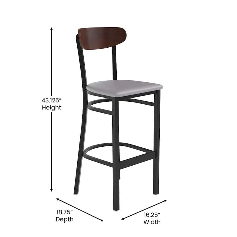 Commercial Metal Barstool with Wood Seat and Boomerang Back
