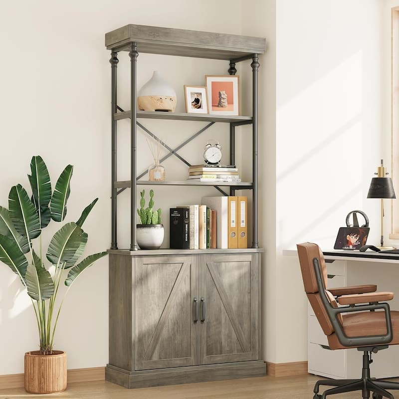 Industrial Floor Standing Bookcase with Storage for Home Office, Living Room & Bedroom - Grey