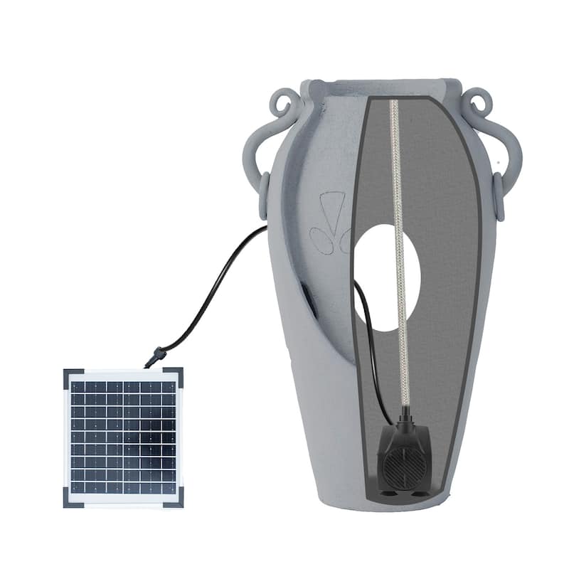XBrand 34" Solar Pot Fountain, Amphora-Inspired Design, Outdoor Water Fountain, Polyresin, Gray