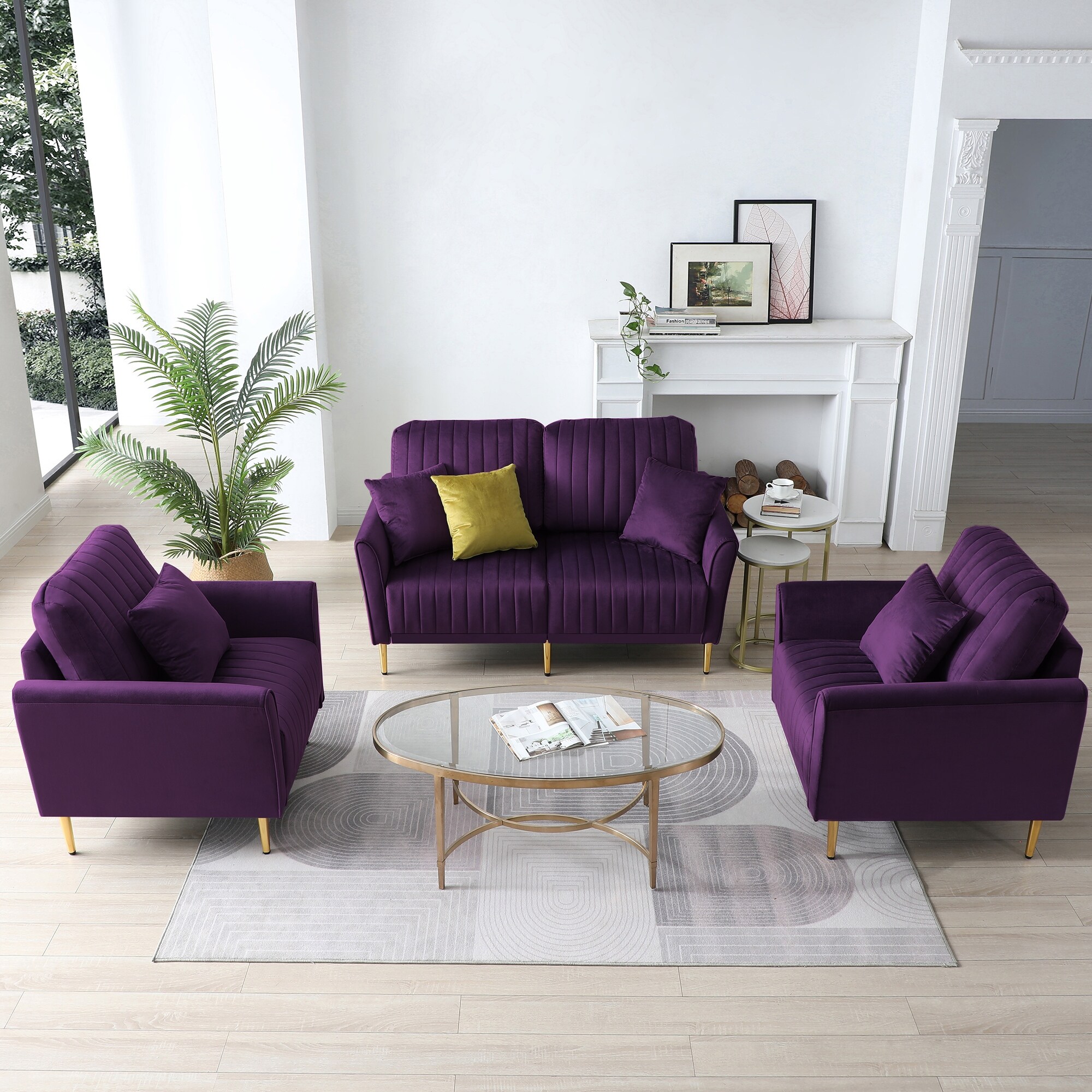 3 Piece Velvet Living Room Sofa Set with 2 Accent Chairs A