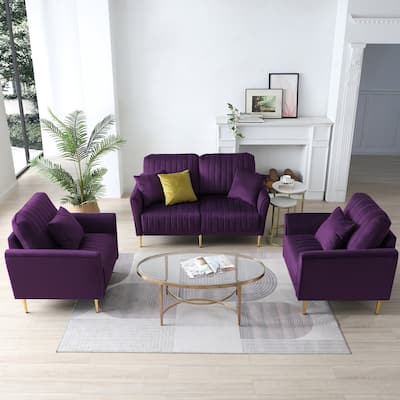 Upholstered Velvet Sofa with Pillows Rouch Arm Couch Include 2 PCS Single Sofa Chair and 1 PCS Loveseat