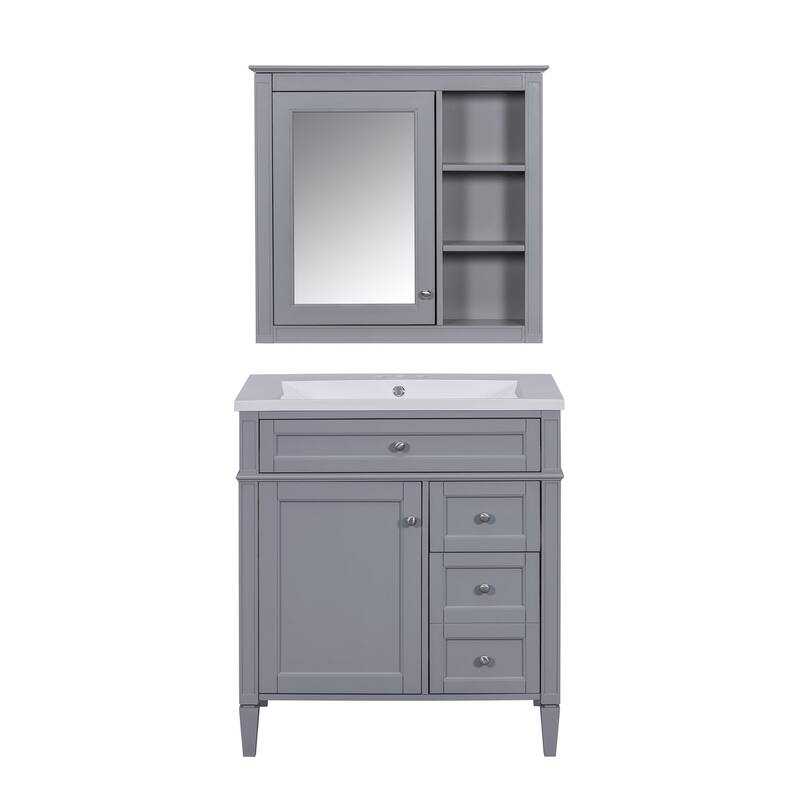 Plywood Freestanding Bathroom Vanity Set in Maple with Integrated Ceramic Sink with Mirror Cabinet - 30“ x 18"