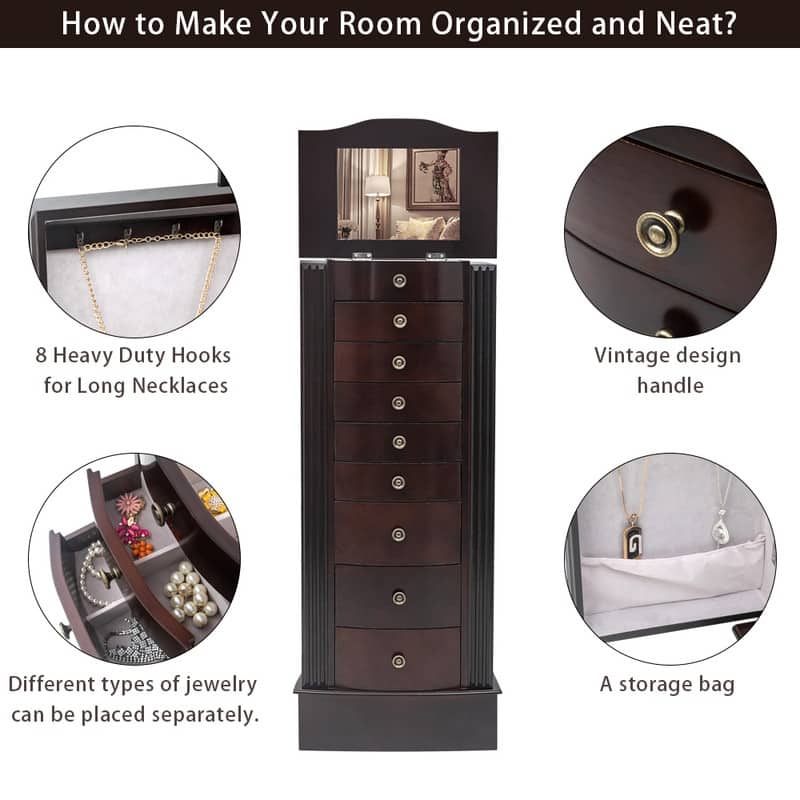 Jewelry Cabinet Box Storage Chest Necklace Wood Walnut Stand Organizer