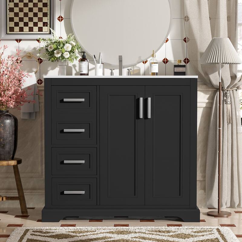 36-Inch Contemporary Bathroom Vanity Featuring Ceramic Sink, Soft-Close Door, Adjustable Shelf & Three Drawers