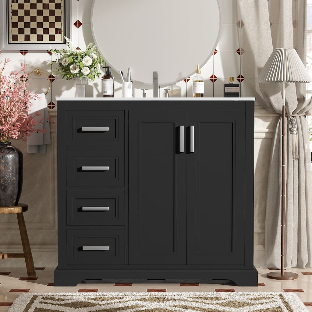 Roomfitters 36" Modern Bathroom Vanity with Ceramic Sink, Soft-Close Door, Adjustable Shelf & 3 Drawers