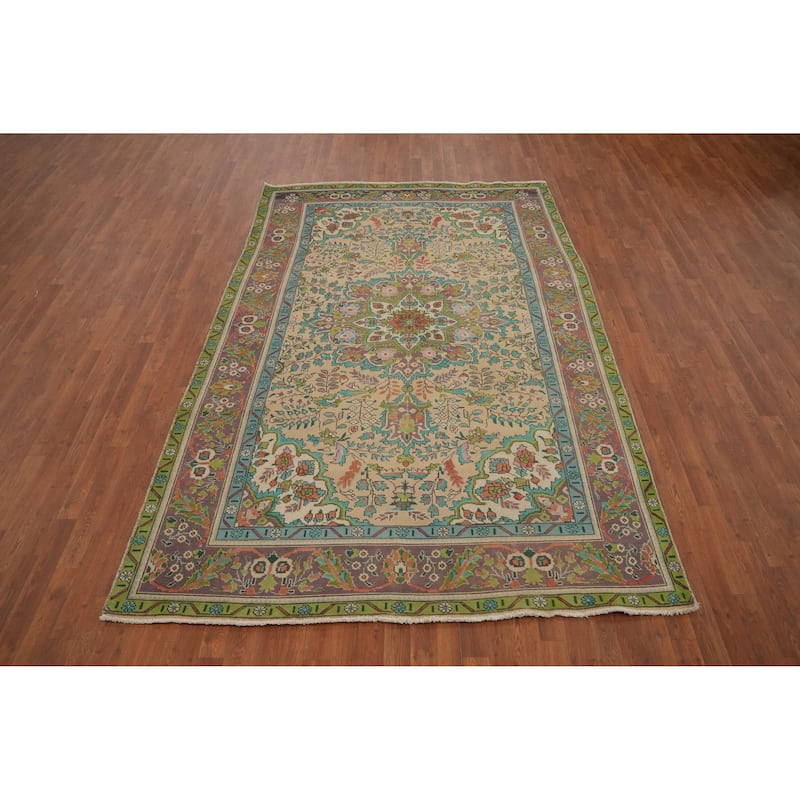 Hand Knotted Oriental 100% Wool Carpet Traditional Floral Beige & Ivories Tabriz Area Rug - 9' 8'' X 6' 4''