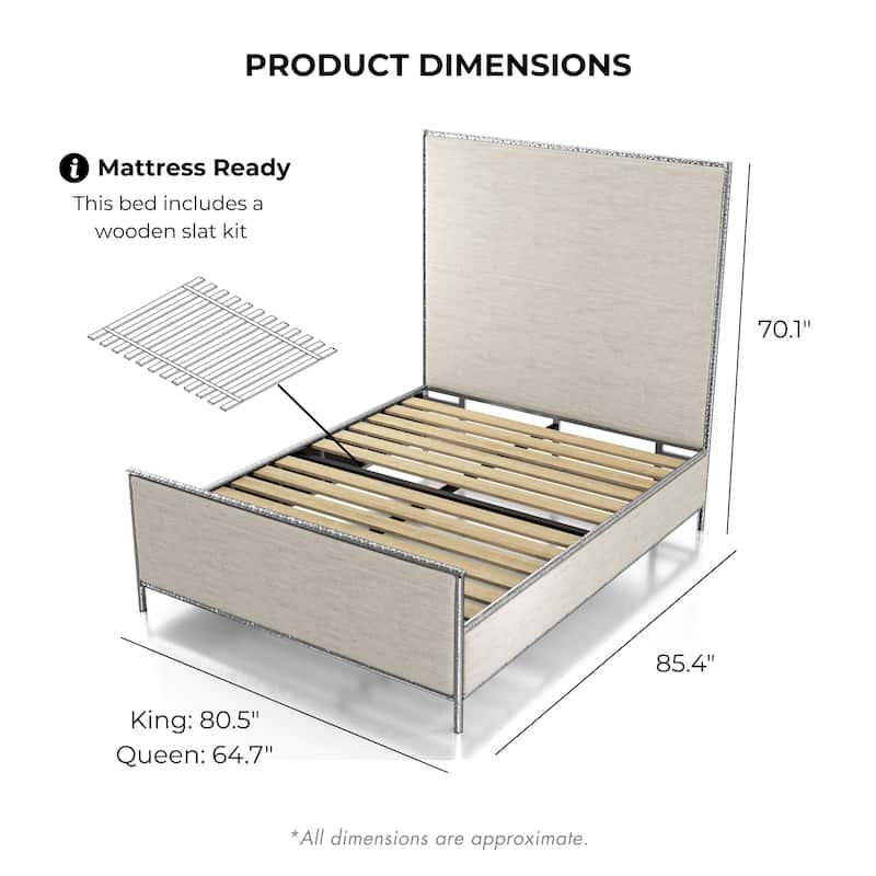 Furniture of America Zayen Modern Beige Upholstered Queen Size Hammered Metal Platform Bed
