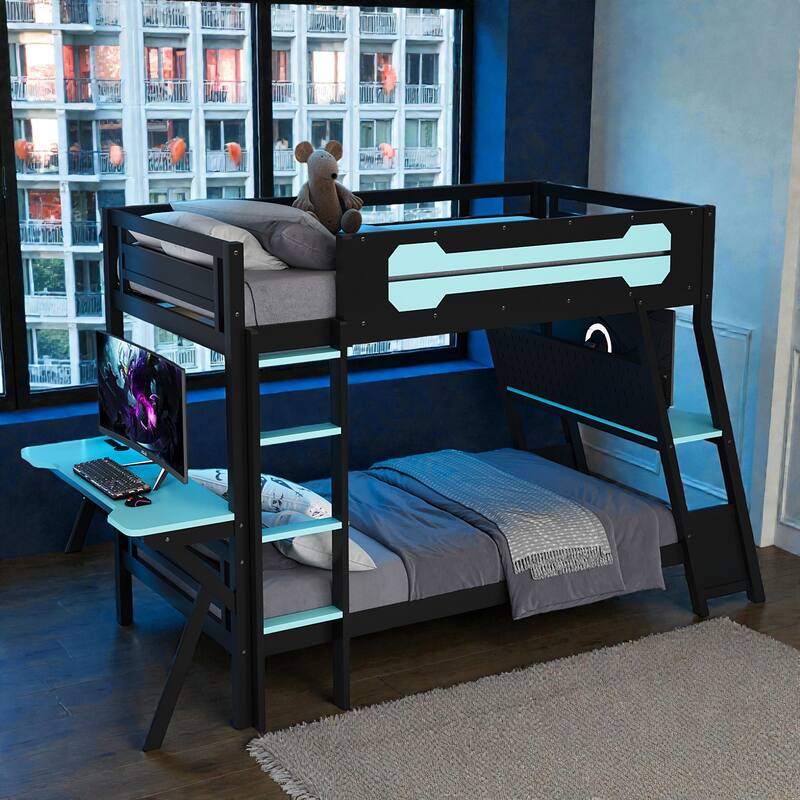 Twin/Full Gaming Bunk Bed with Dual Desks, USB Charging Ports and Pegboard Organizer, Gamer Bunk Frame