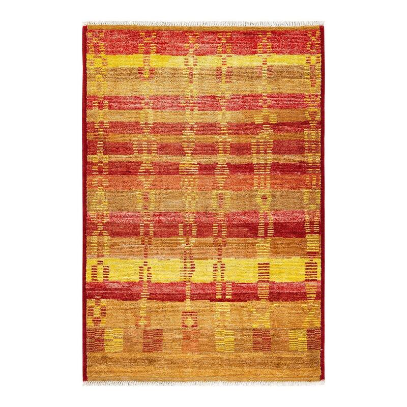 Overton Hand Knotted Wool Vintage Inspired Modern Contemporary Modern Red Area Rug - 4' 3" x 6' 0"