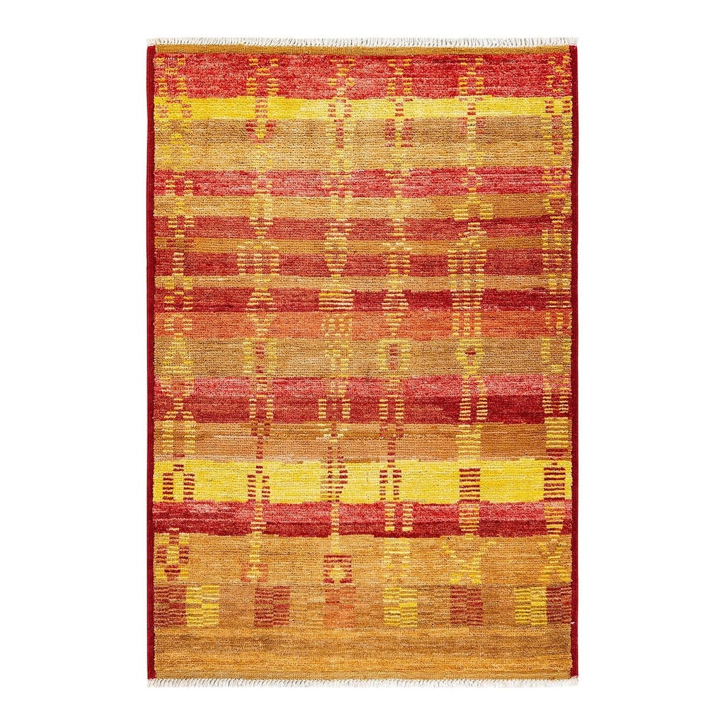 Overton Hand Knotted Wool Vintage Inspired Modern Contemporary Modern Red Area Rug - 4' 3" x 6' 0"