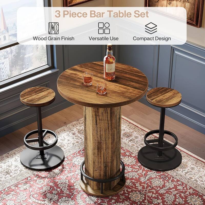 Round Bar Table with Chairs, Industrial Bistro Pub Sets with 2 barstools - 11.42" L x 11.42" W x 25.59" H