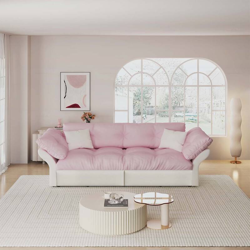 3-in-1 Convertible Tufted Loveseat with 2 Soft Pillows,Multi-Functional Sleeper - Pink
