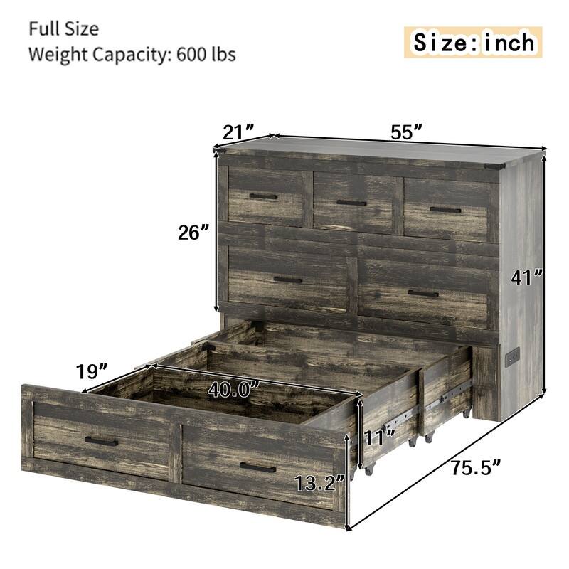 Full-Size Murphy Bed System - Wall Cabinet with USB Charging Station & Storage Drawer, Convertible Guest Bed for Small Rooms