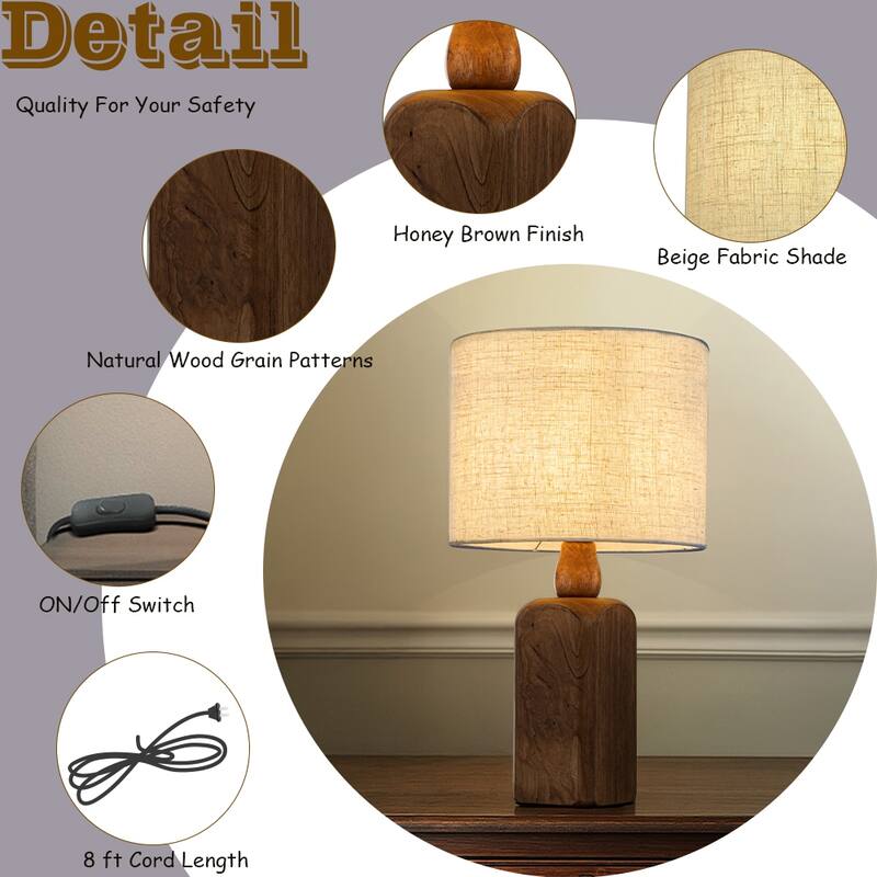 Farmhouse Traditional Natural Brown Solid Wood Base Table Lamp with Beige Fabric Shade for Bedroom Living Room（Set of 2)