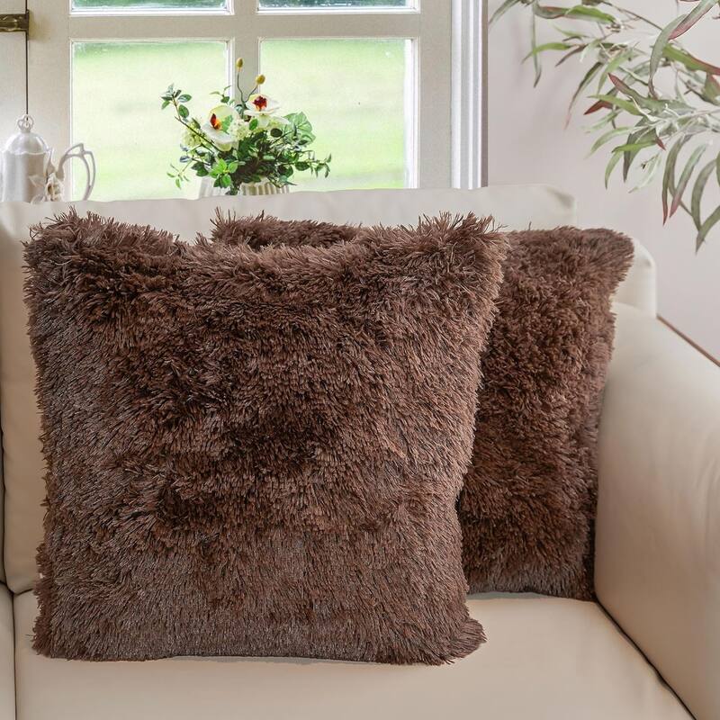 Cheer Collection Super Soft Shaggy Long Hair Throw Pillows Set of 2 Plush Accent Cushions