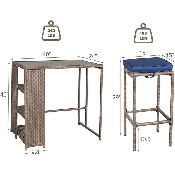 dimension image slide 1 of 2, 5-Piece Patio Bar Table Set Outdoor Wicker Rattan Bar Set
