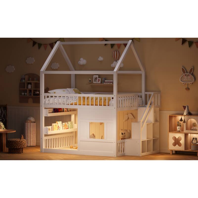 Roomfitters Full Size Wood House Loft Bed with Storage Stairs and Built-in Shelving, Modern Space-Saving Sleep Space