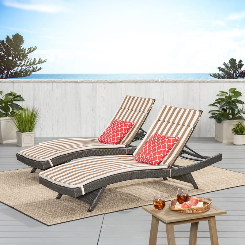 Salem Outdoor Wicker Lounge with Water Resistant Cushion (Set of 2) by Christopher Knight Home - Grey + Brown/ White Stripe
