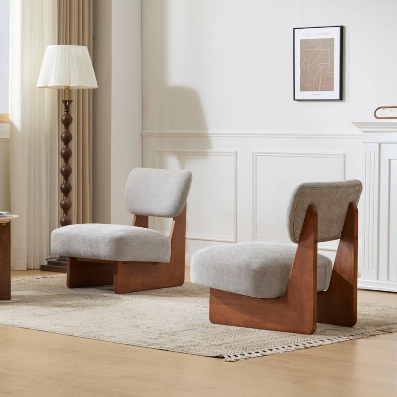 Set of 2 Modern Beige Lounge Chair with Sturdy Wood Base for Living Room Bedroom Office