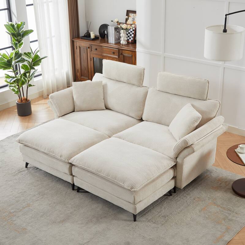 Corduroy Loveseat Sofa, Deep Seat Sectional Sofa wMovable Ottoman & 2 Pillows Upholstered Tufted Couch for Living Room
