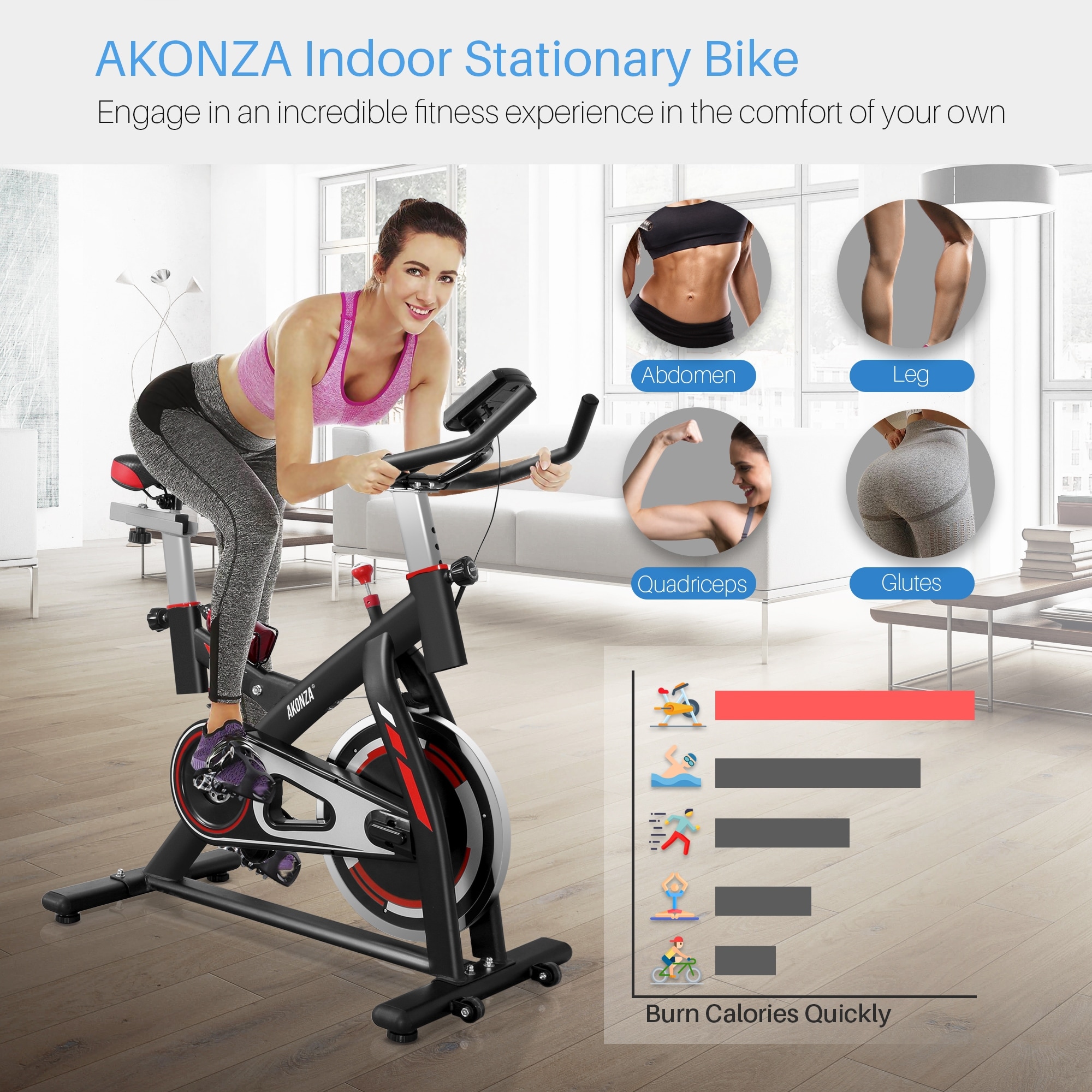AKONZA Stationary Indoor Exercise Bicycle Cycling Bike Health Fitness w Water Bottle Holder Black standard