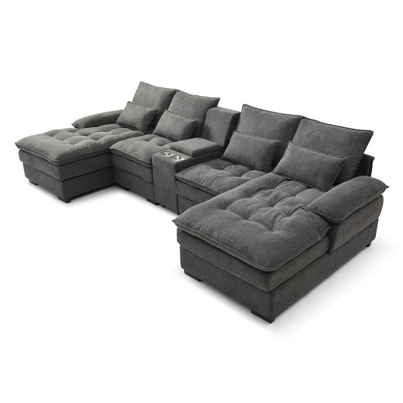U-shaped Sectional Sofa with Chaise, Built-in Storage Console and Cup Holders, Linen Double-Layer Cushioning Lounge Couch