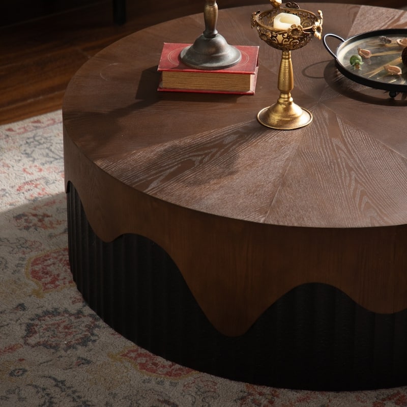 Handcrafted Relief Sturdy Circular Coffee Table Wooden Tea Table for Living Room