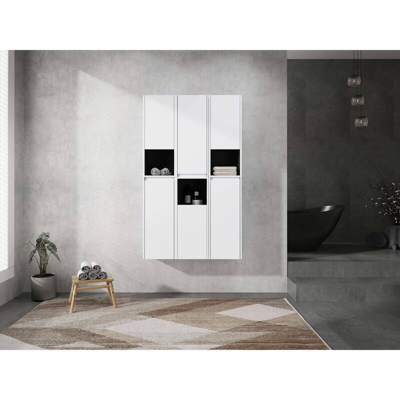 Modern Wall-Mounted Bathroom Side Cabinet with Soft-Close Doors, Floating Design, 6 Storage Compartments, 12-Inch Width