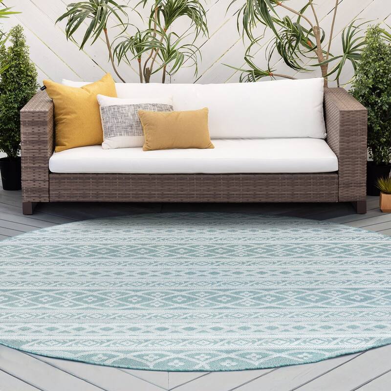 Vision Coastal Stripe Indoor/Outdoor Area Rug - 7'11'' Round - Aqua/White