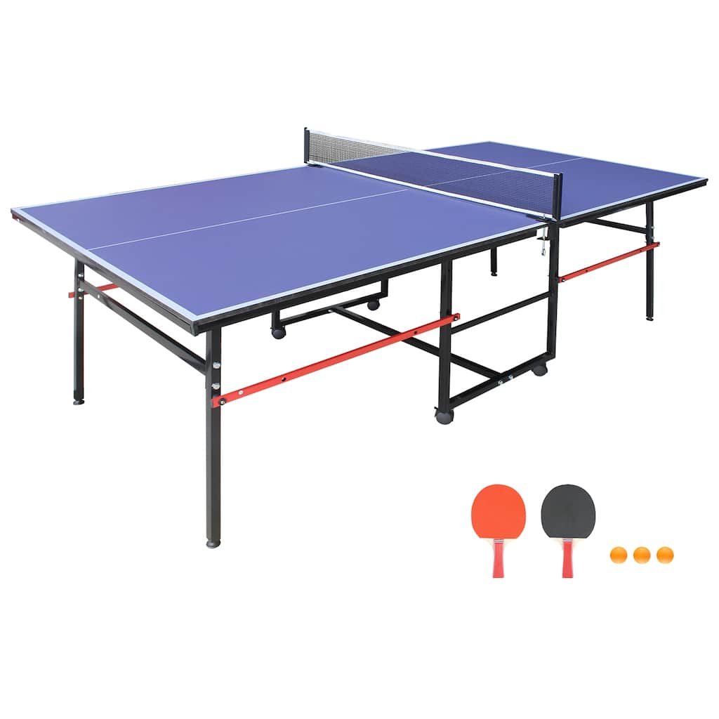 Roomfitters 8ft Indoor Ping Pong Table, Foldable & Portable Table Tennis Table Set with Net, 2 Paddles and Balls, Blue