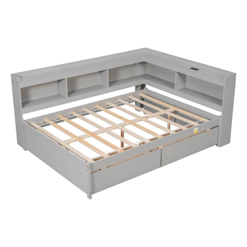 Full Size L-shaped Bookcases Bed with Power Outlets, USB Charging Ports and Two Drawers - Grey