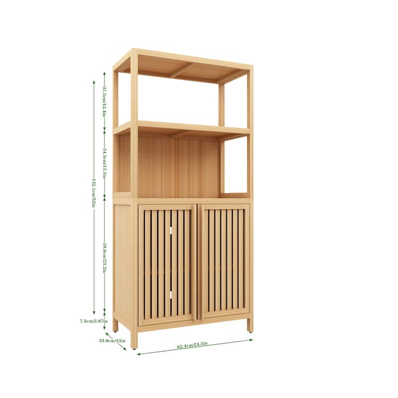 Natural MDF Wicker Bathroom Cabinet with Doors and Open Shelves - 24.5" W x 13" D x 32" H