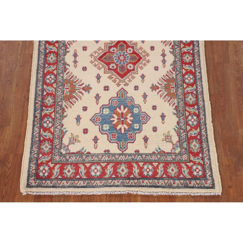 Beige / Ivory Geometric Kazak Oriental Accent Rug Handmade Wool Carpet - 3'2" x 5'0"