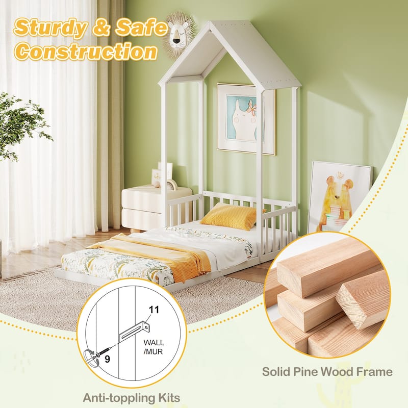 Twin Size Wooden Montessori Floor Bed with House Shape Frame and Semi-Fence Railings for Kids Room