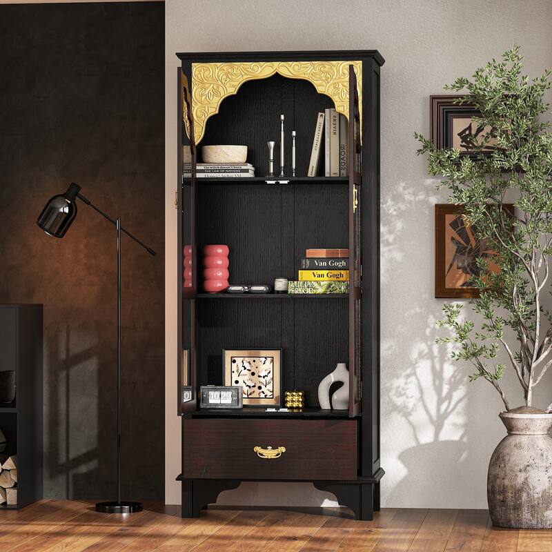 Boho Wood & MDF Display Cabinet with Tempered Glass Doors, Carved Arch Frame & Metal Handle Drawer