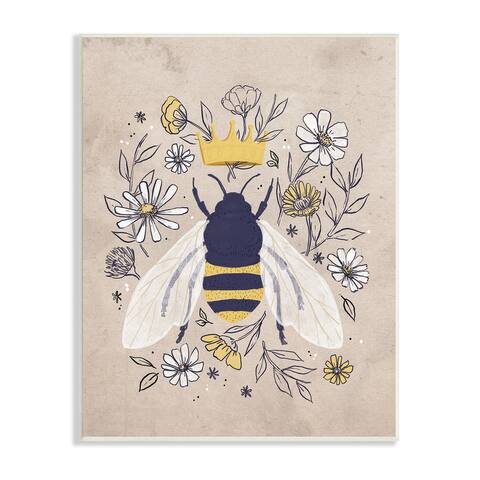 Stupell Industries Queen Bee with Crown Yellow White Daisy Florals Wood Wall Art - Off-White