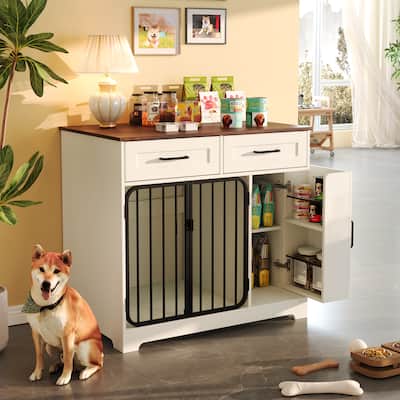 37.4" Dog Crate Furniture, Indoor Dog Kennel with 2 Drawers and Storage Cabinet, Modern Furniture Dog Crate Side End Table