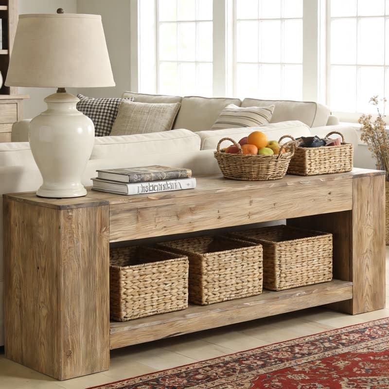 63" Solid Wood Console Table, Low Entryway Table with Storage