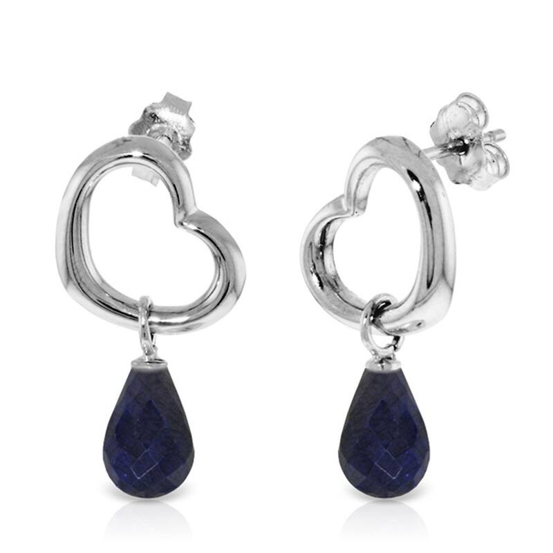 14K Solid Gold Heart Gemstone Earrings w/ Dangling Natural Sapphires - White