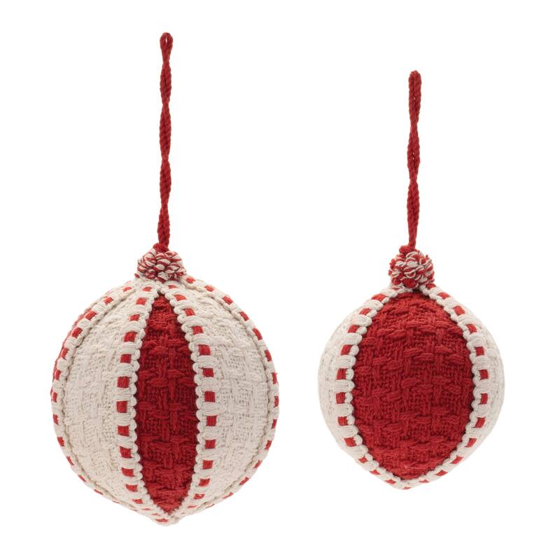Set of 4 Beige Red Soft Fabric Woven Ball Ornaments with Rope Hangers for Christmas Tree and Seasonal Use