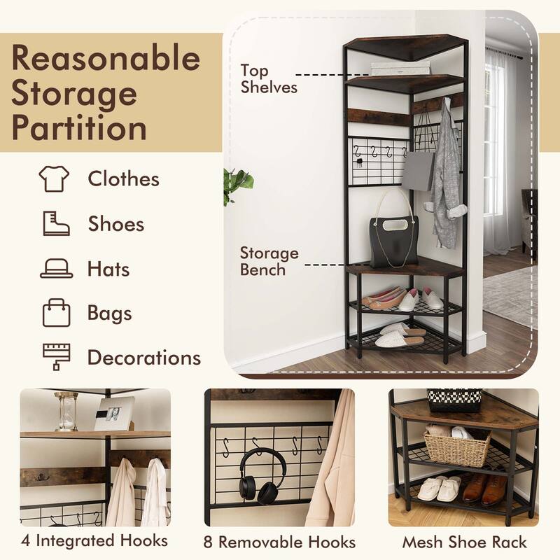 Gymax 5-Tier Corner Hall Tree w/ Shoe Storage Bench 12 Metal Hooks for