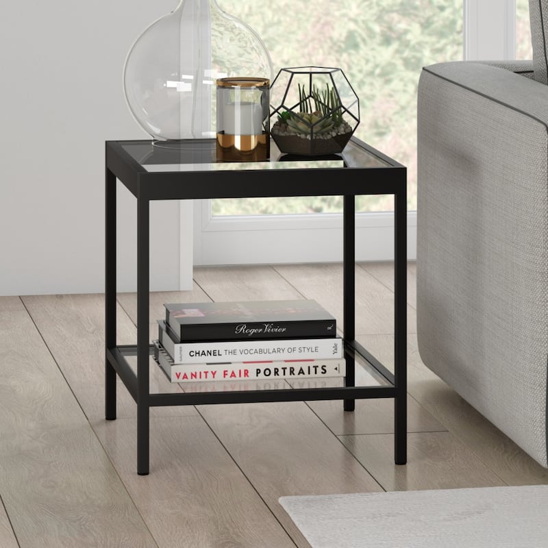 22" Black And Clear Glass And Steel Square End Table With Shelf - 20" x 20" x 22"