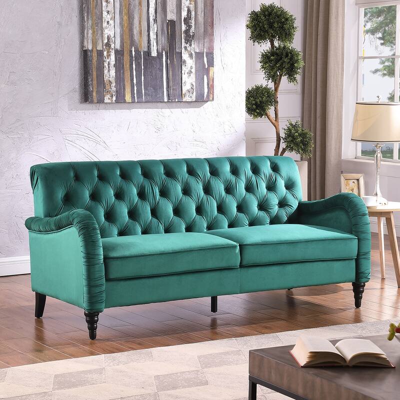 Buttons Tufted Dark Green Reclining Loveseat Sloped Arms Plush Sofa