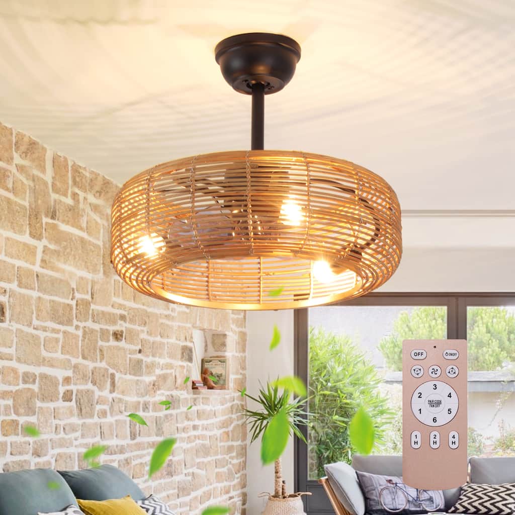 20 in. Rattan Indoor Ceiling Fan with Lights, 6-Speed Remote Control and Reversible DC Motor for Small Bedroom