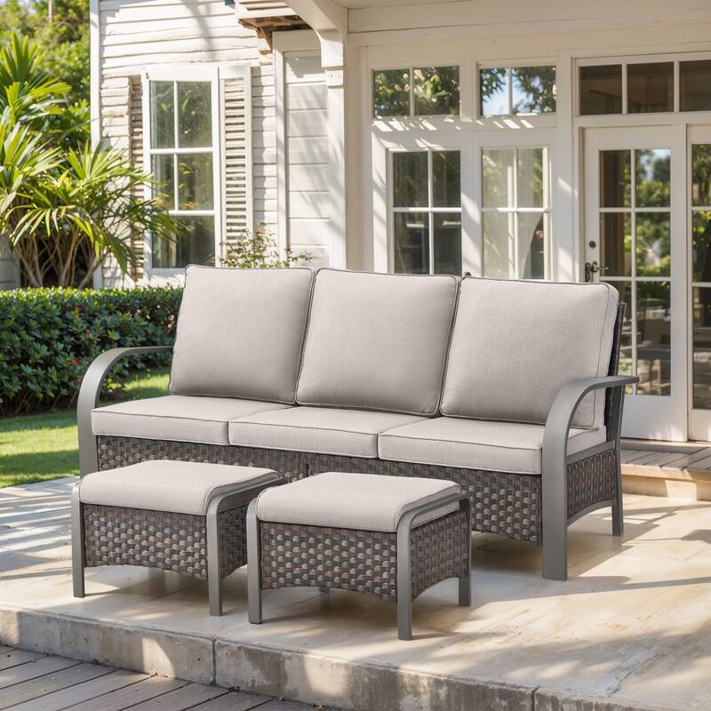 Pocassy Outdoor Sofa PE Wicker Furniture Set - Beige Cushion - 3PCS Sofa with Ottoman
